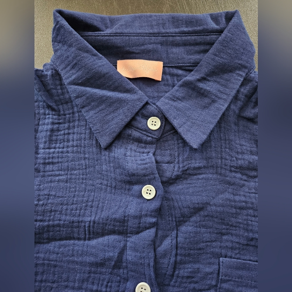NWT - Boutique - Cotton Dark Blue Textured Button Up Short Sleeve Shirt - Size L - Picture 7 of 13